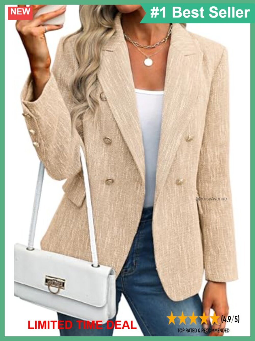 Tweed Blazer Double-Breasted Business Casual Slim Fit Women's